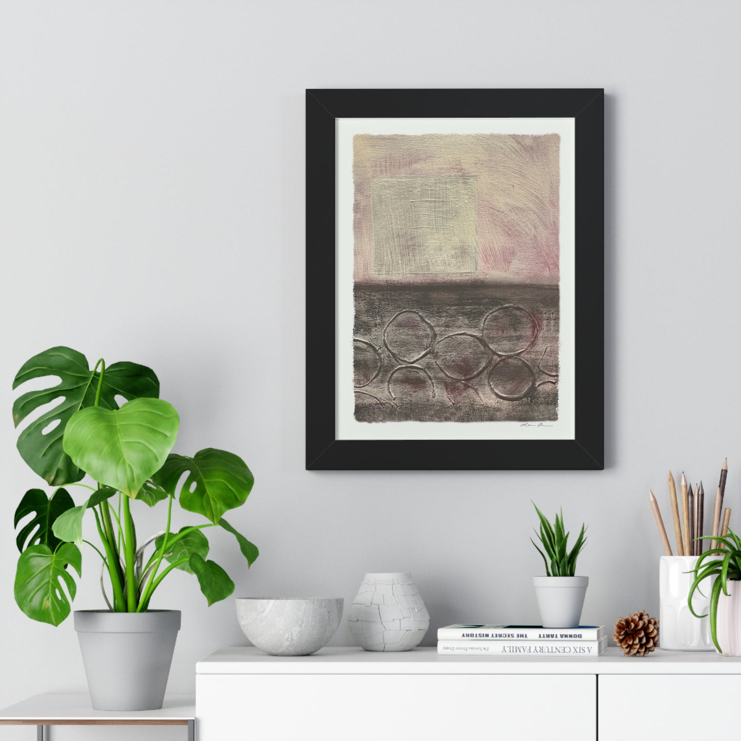Print: 'Gray Bubbles' 20x16 Black Frame, (in-store item)