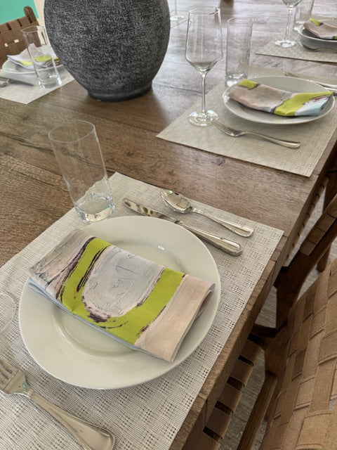 Artsy, colorful chartreuse cloth napkins with abstract design for the elevated dining table sustainable table linens eco-friendly entertaining