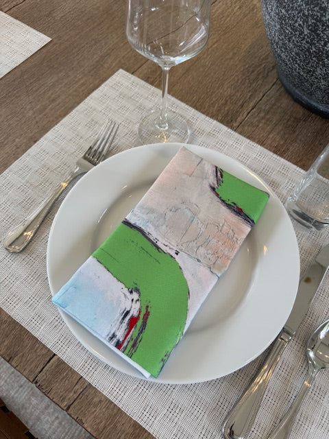 Modern, artist-designed green cloth napkins with abstract design for the elevated dining table sustainable table linens eco-friendly entertaining