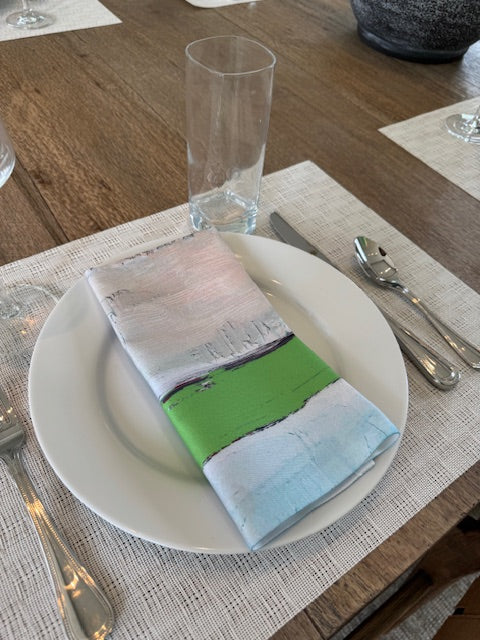 Modern, artist-designed green cloth napkins with abstract design for the elevated dining table sustainable table linens eco-friendly entertaining