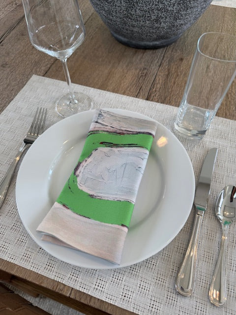 Modern, artist-designed green cloth napkins with abstract design for the elevated dining table sustainable table linens eco-friendly entertaining