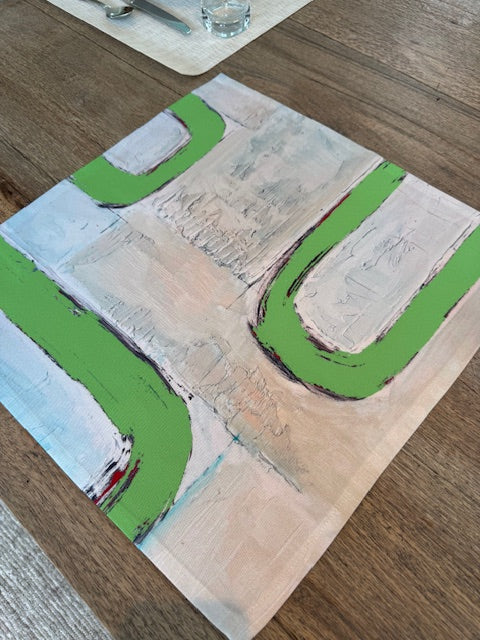 Modern, artist-designed green cloth napkins with abstract design for the elevated dining table sustainable table linens eco-friendly entertaining