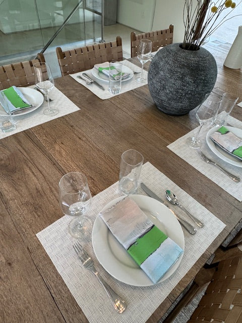 Modern, artist-designed green cloth napkins with abstract design for the elevated dining table sustainable table linens eco-friendly entertaining