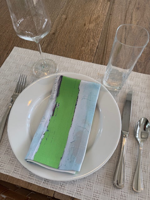 Modern, artist-designed green cloth napkins with abstract design for the elevated dining table sustainable table linens eco-friendly entertaining