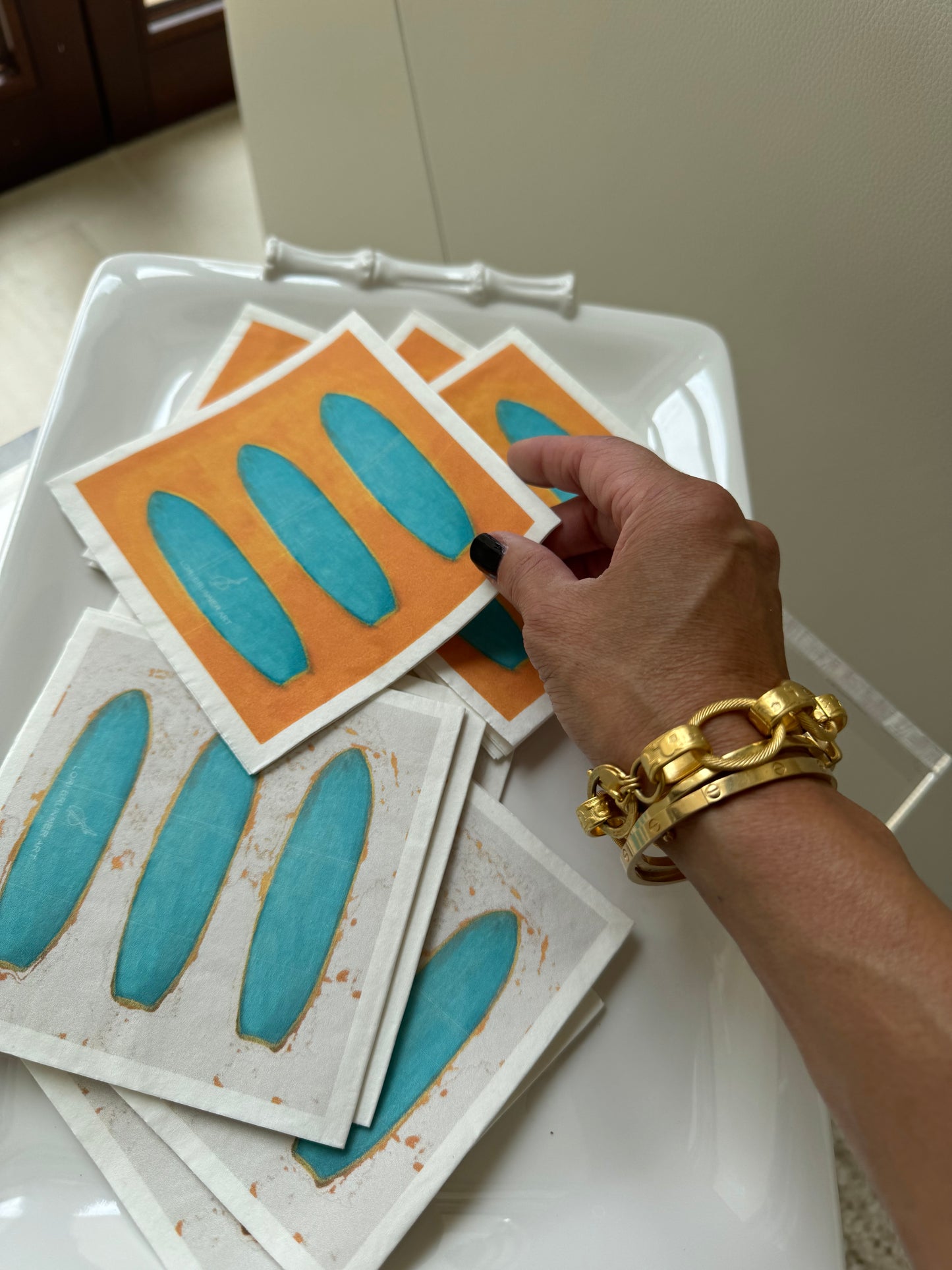 Artist-made surfboard design cocktail napkins in two colorways by Lori Brunner Art