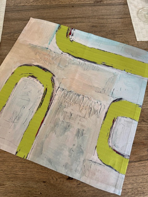 Artsy, artist-designed colorful chartreuse cloth napkins with abstract design for the elevated dining table sustainable table linens eco-friendly entertaining