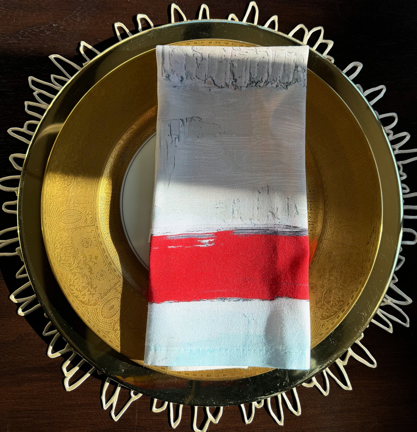 Artful cloth napkins in a bold abstract design created by Lori Brunner Art to elevate your dining and entertaining experiences