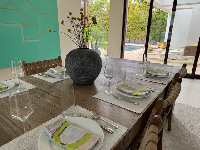 Artsy, colorful chartreuse cloth napkins with abstract design for the elevated dining table sustainable table linens eco-friendly entertaining