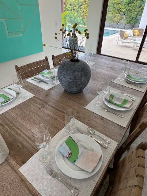 Modern, artist-designed green cloth napkins with abstract design for the elevated dining table sustainable table linens eco-friendly entertaining