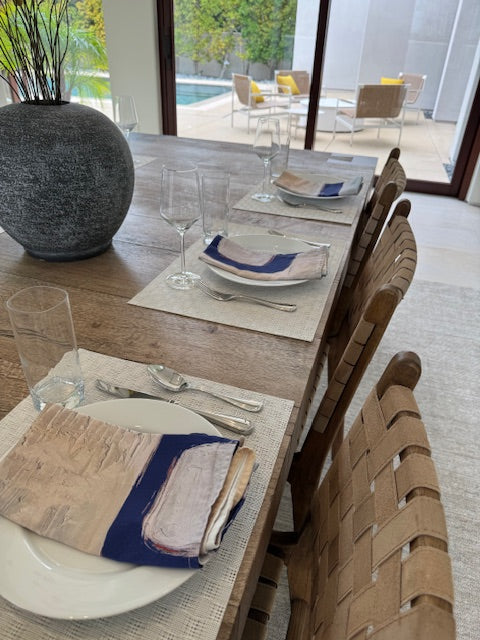 Modern, artist-designed blue cloth napkins with abstract design for the elevated dining table sustainable table linens eco-friendly entertaining