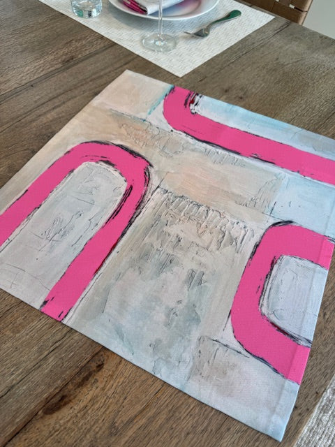 Artsy, colorful pink cloth napkins with abstract design for the elevated dining table sustainable table linens eco-friendly entertaining