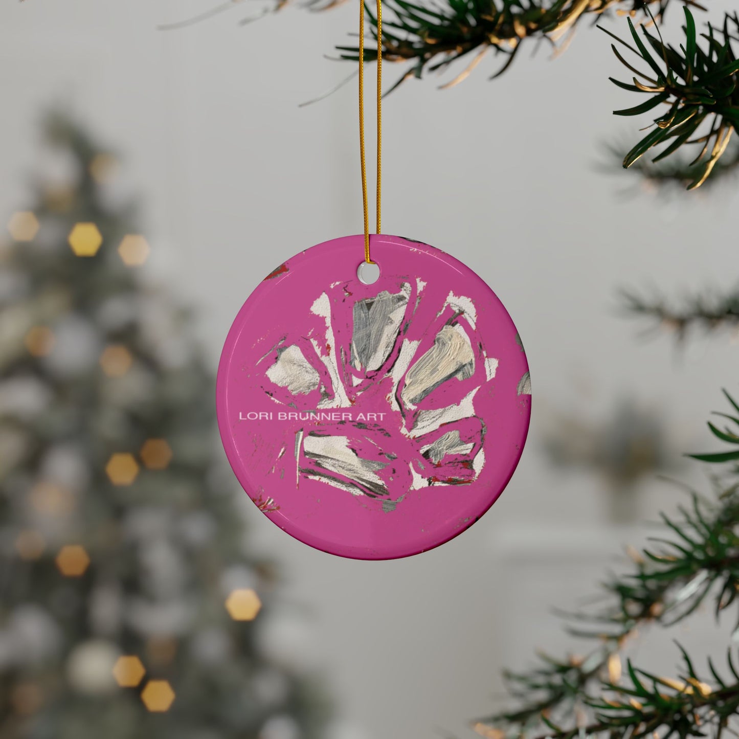 Ceramic Ornament | Artful Paw Print (Pink) by Lori Brunner Art
