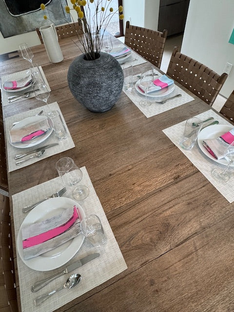 Artsy, colorful pink cloth napkins with abstract design for the elevated dining table sustainable table linens eco-friendly entertaining
