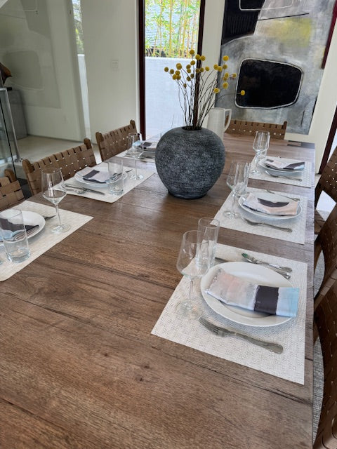 Modern, artist-designed charcoal gray cloth napkins with abstract design for the elevated dining table sustainable table linens eco-friendly entertaining