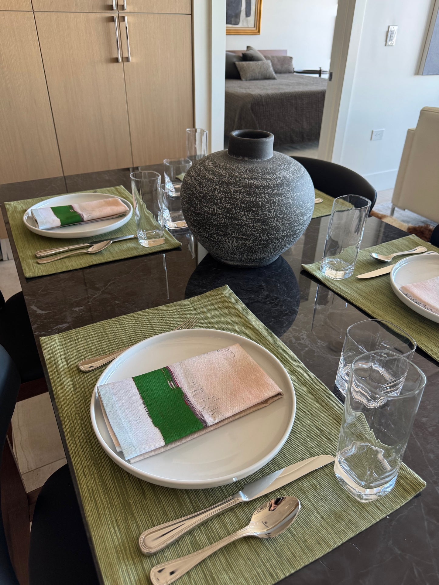 Modern Cloth Napkins Set of 4 | Green Ribbons by Lori Brunner Art