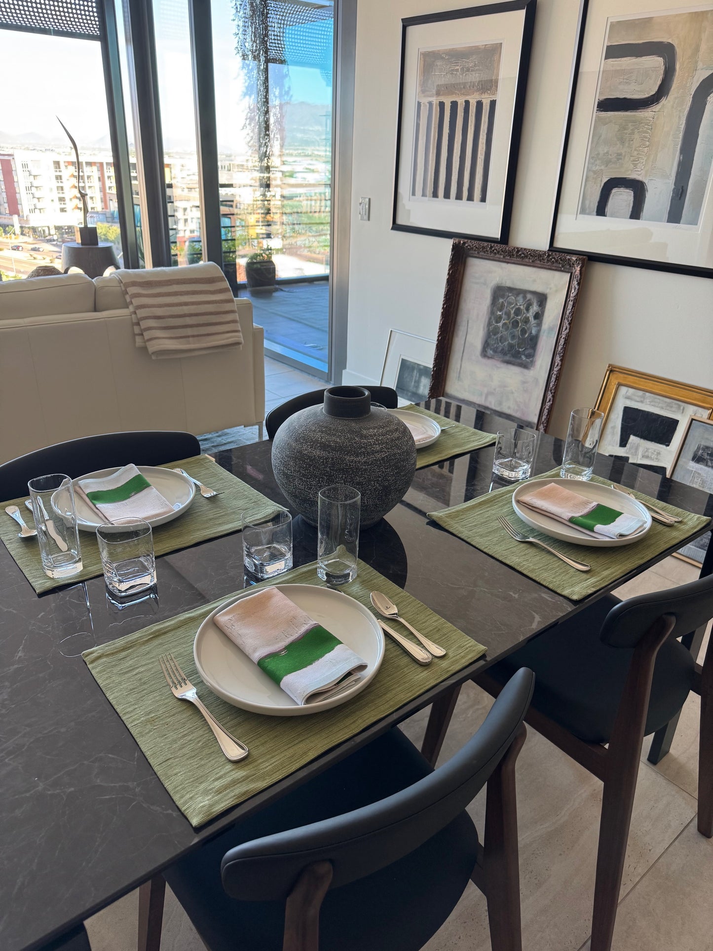 Modern Cloth Napkins Set of 4 | Green Ribbons by Lori Brunner Art