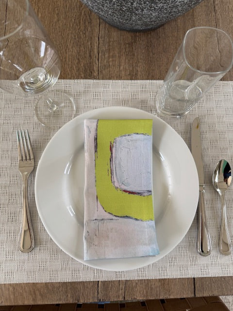 Artsy, colorful chartreuse cloth napkins with abstract design for the elevated dining table sustainable table linens eco-friendly entertaining