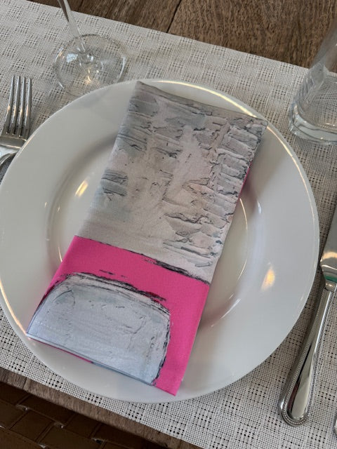 Artist-designed, colorful pink cloth napkins with abstract design for the elevated dining table sustainable table linens eco-friendly entertaining