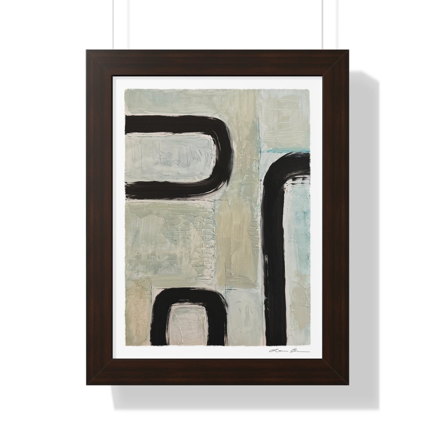 Framed abstract art piece by Lori Brunner Art with black and beige elements on a white background