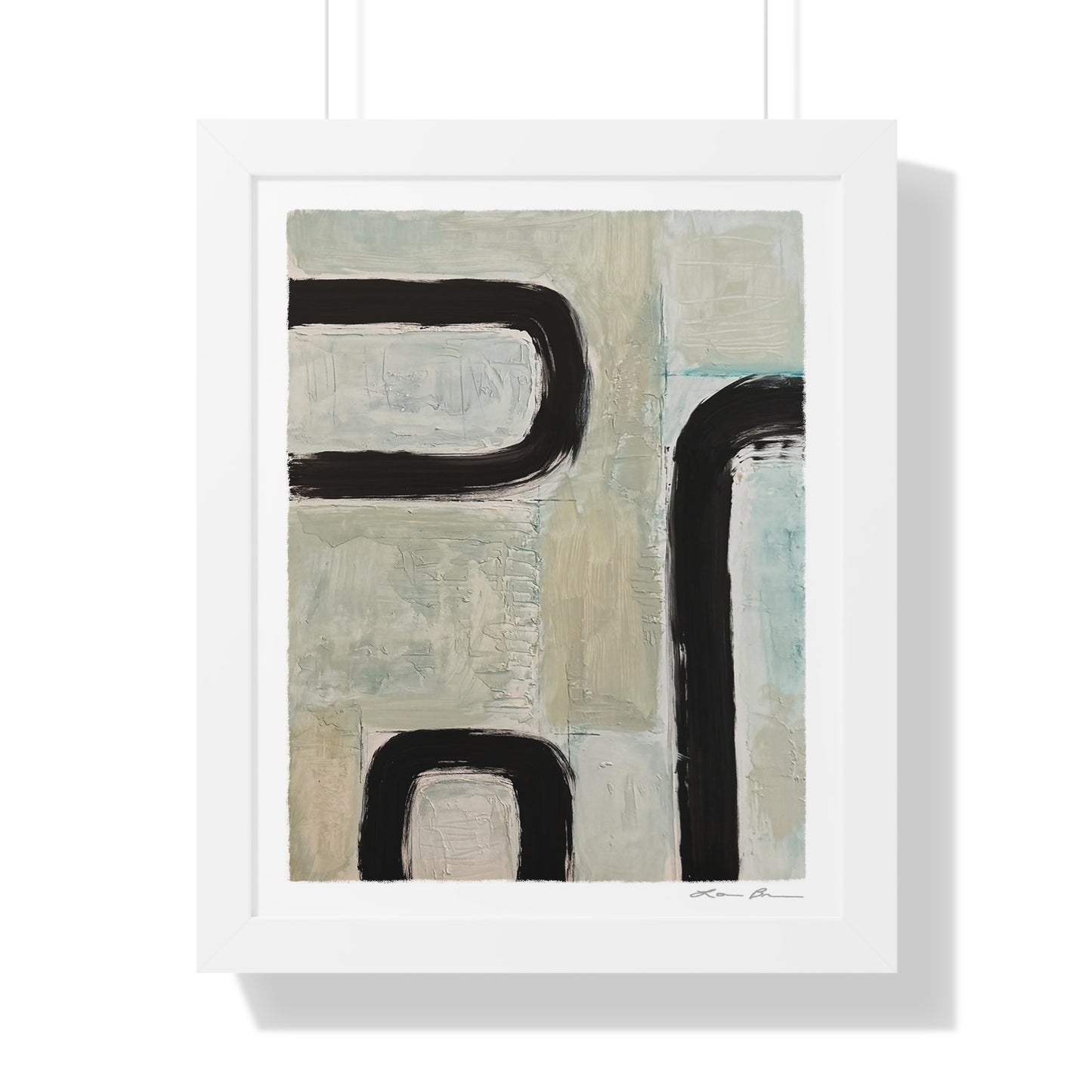 Abstract art print with black and beige shapes in a white frame on a white background