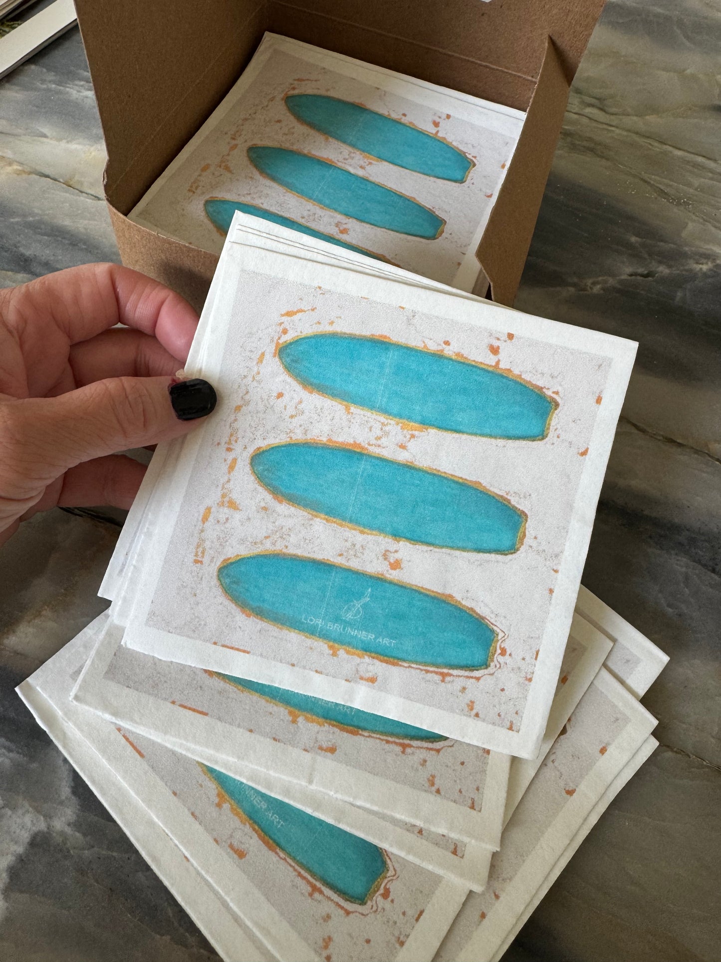 Surfboard design cocktail napkins in an artful style by Lori Brunner Art