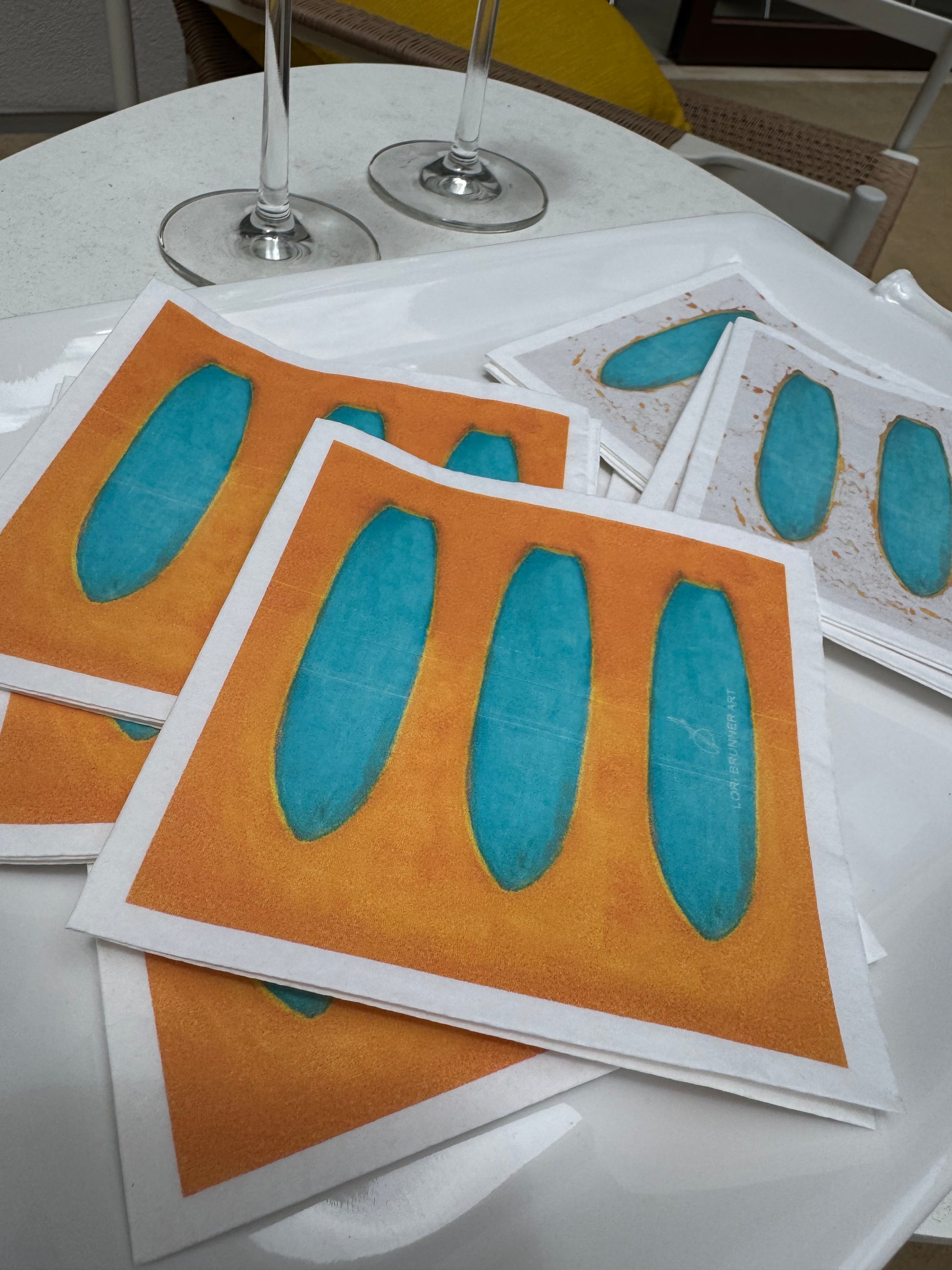 Artful surfboard design cocktail napkins by Lori Brunner Art