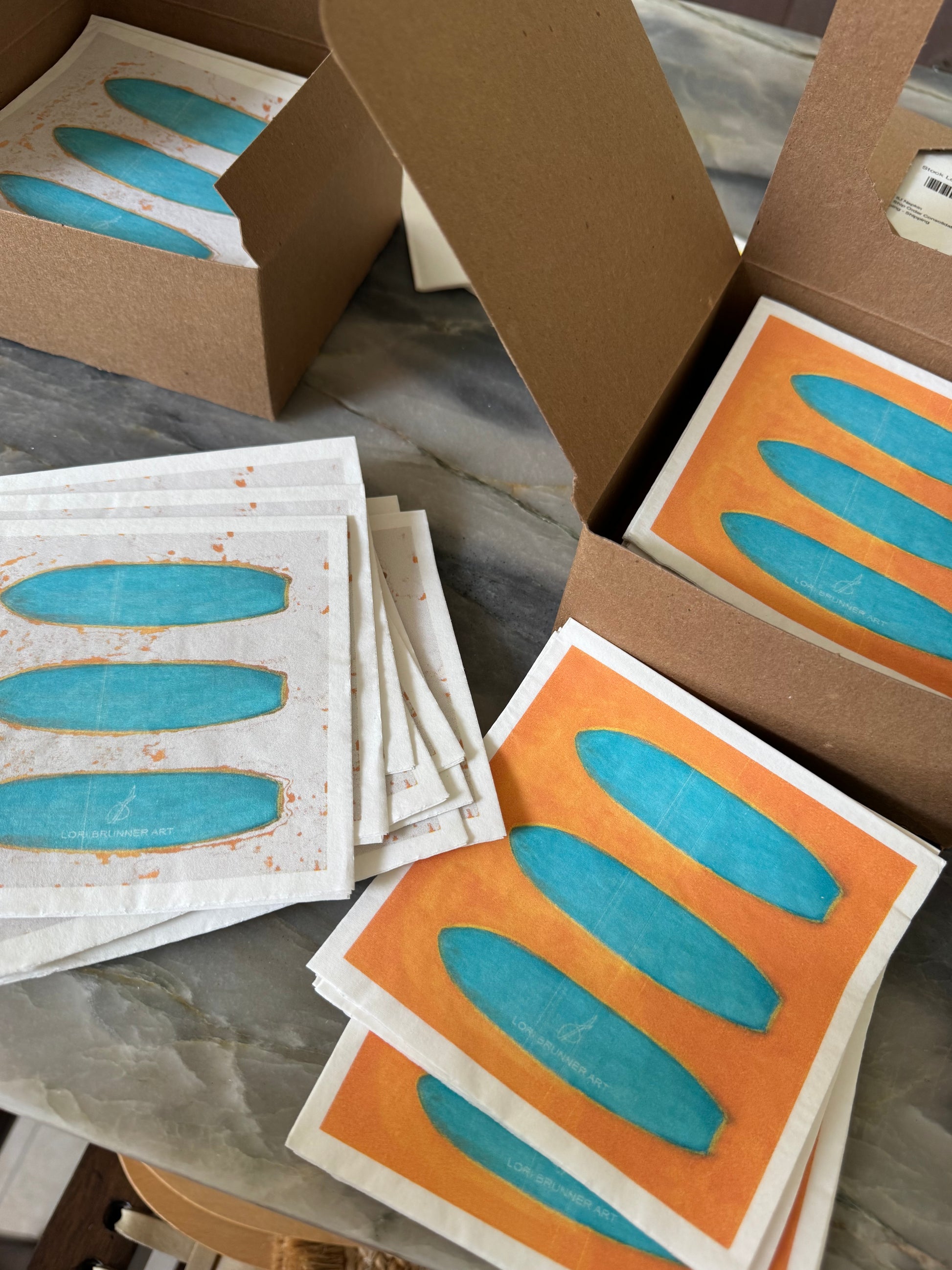 Surfboard design cocktail napkins by Lori Brunner Art