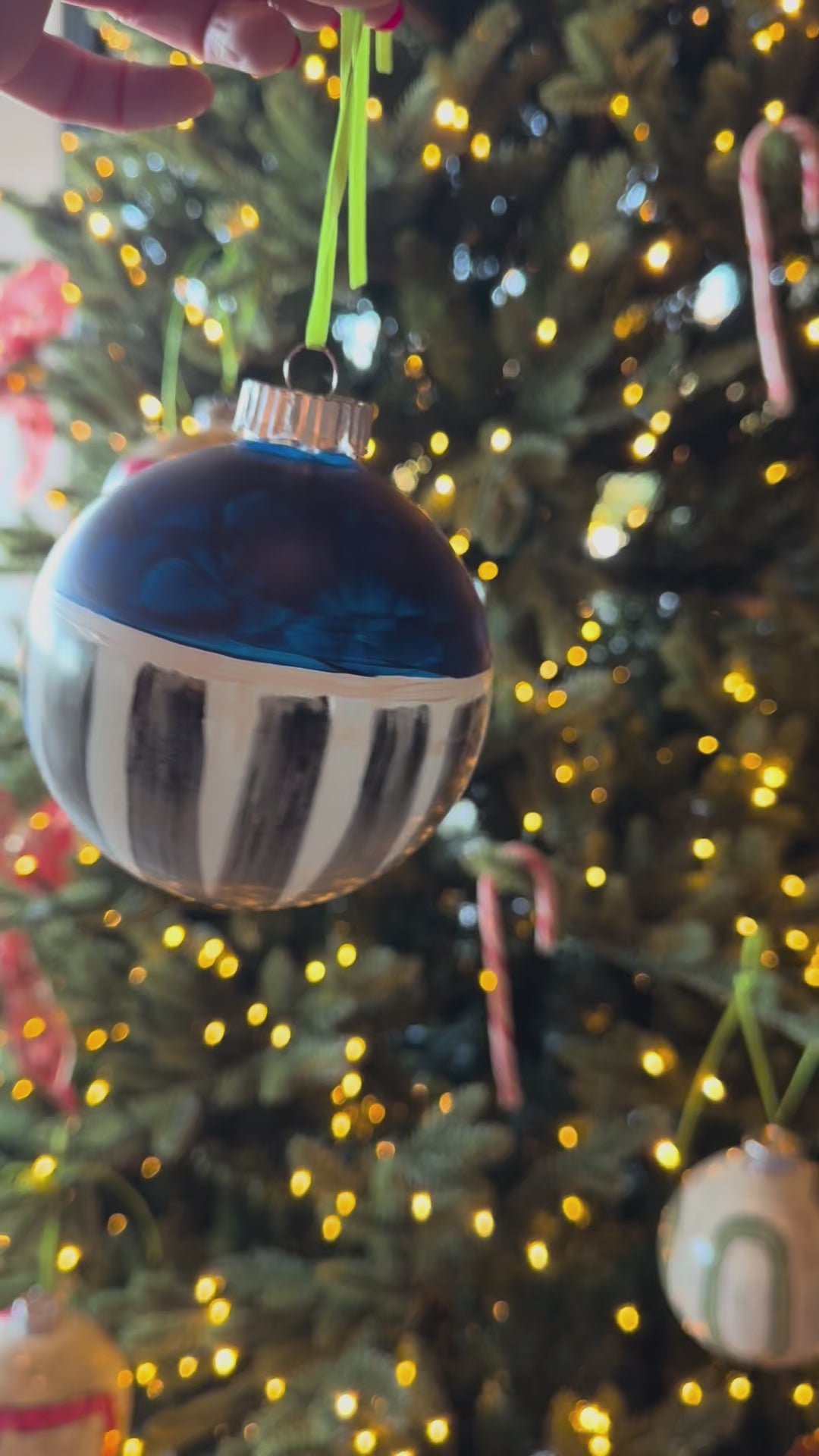 Hand-painted modern holiday ornament by Lori Brunner Art Indigo blue design