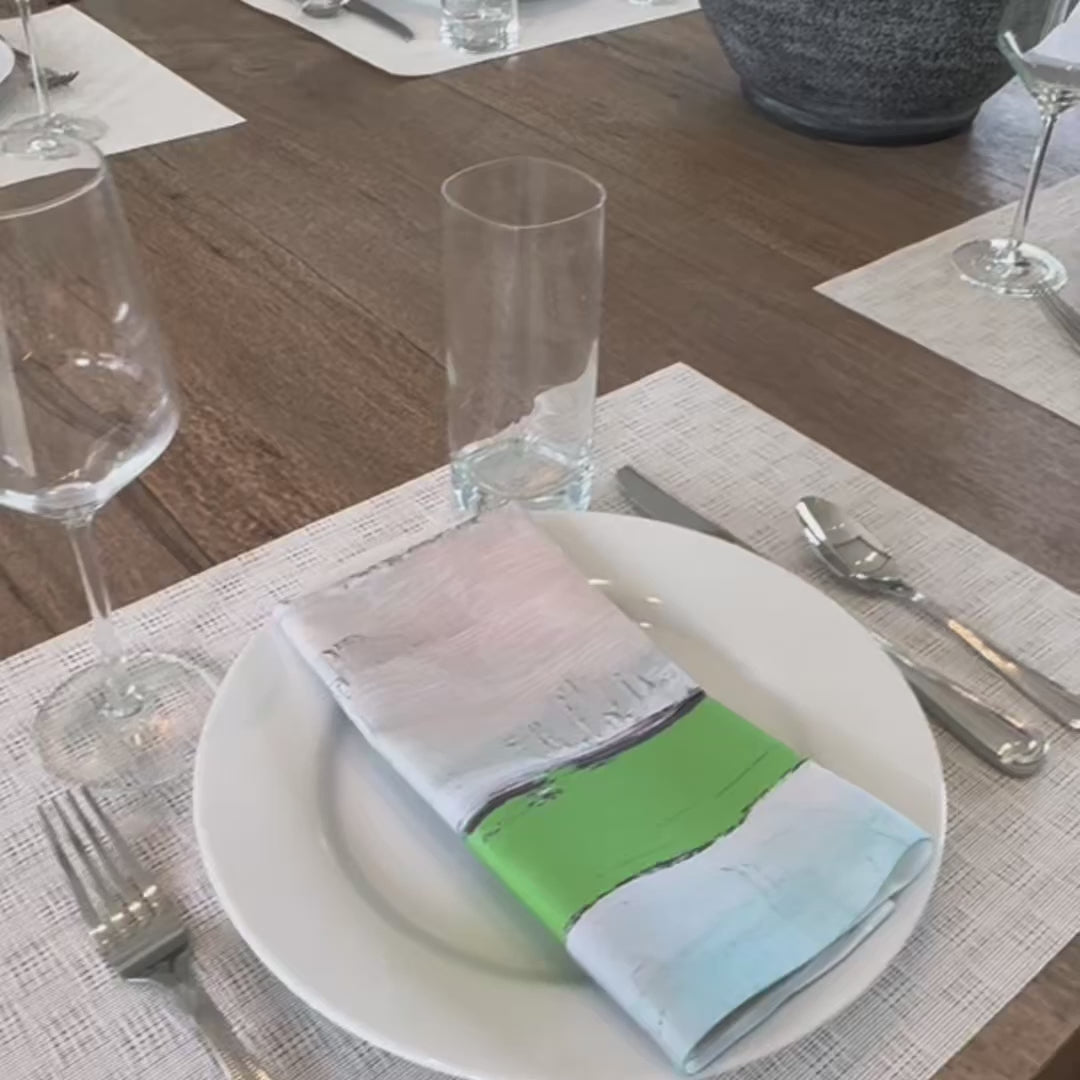 Modern, artist-designed green cloth napkins with abstract design for the elevated dining table sustainable table linens eco-friendly entertaining