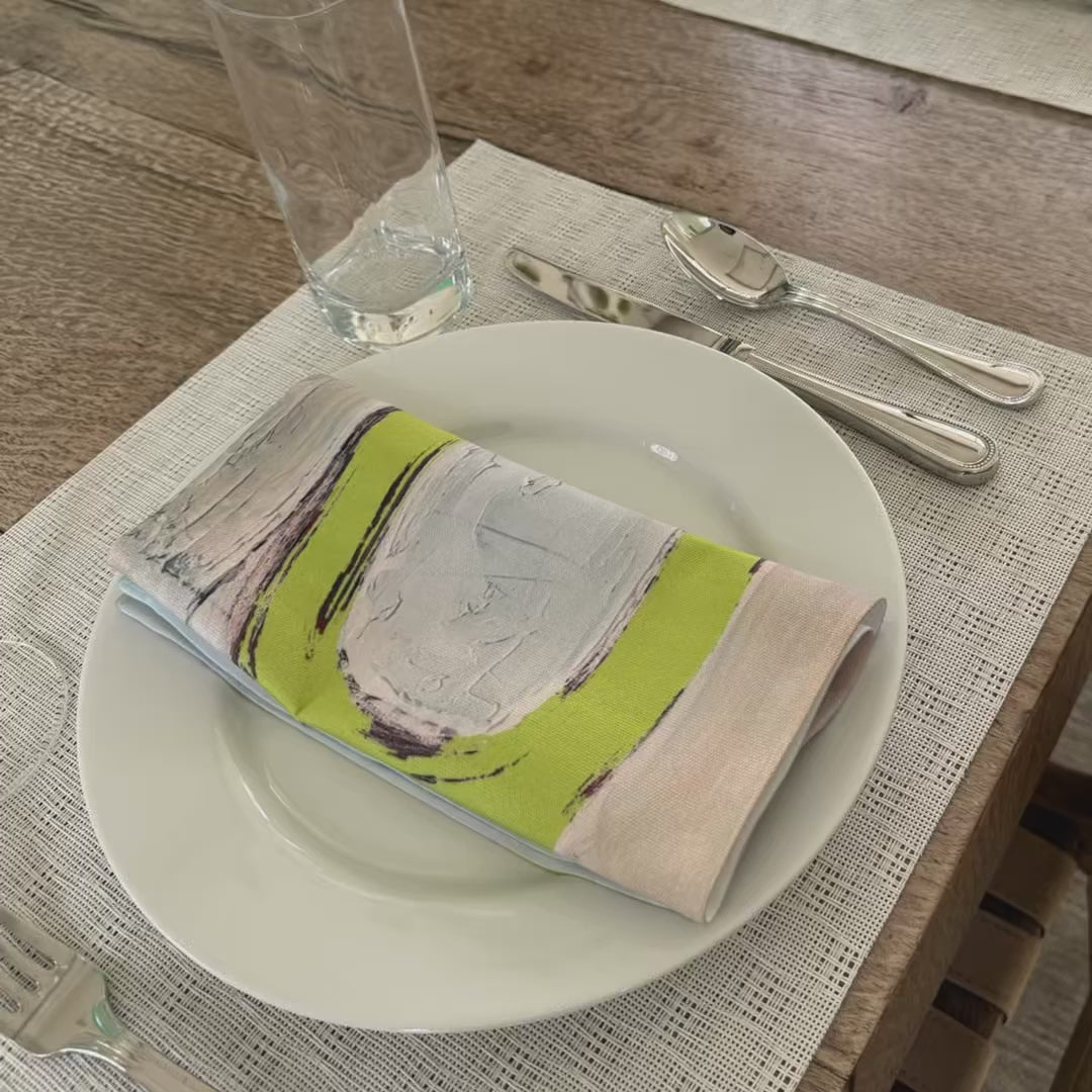 Artsy, colorful chartreuse cloth napkins with abstract design for the elevated dining table sustainable table linens eco-friendly entertaining